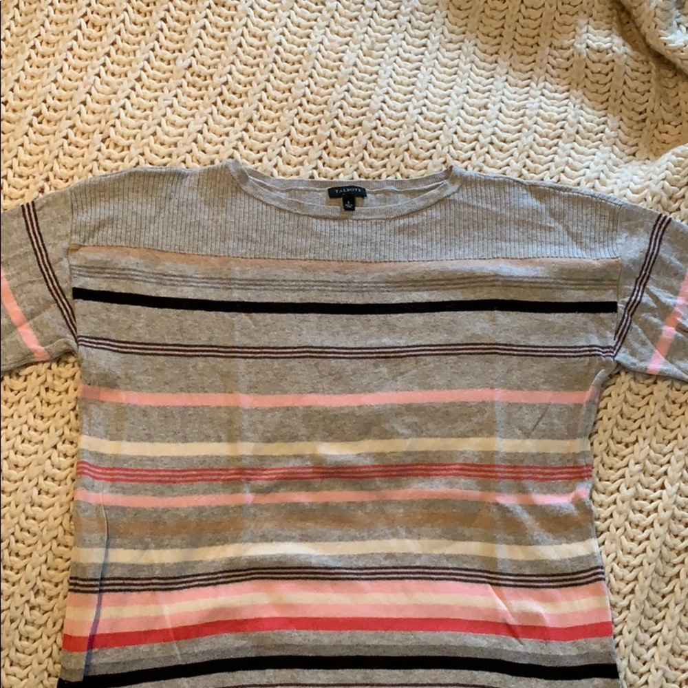 Grey Talbots sweater w/ multi color stripes L EUC